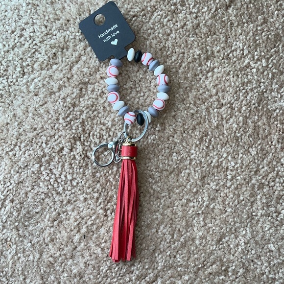 Baseball Bead Bracelet Wrist Keychain Leather Tassel  Key Ring Bag Accessories - Picture 1 of 7